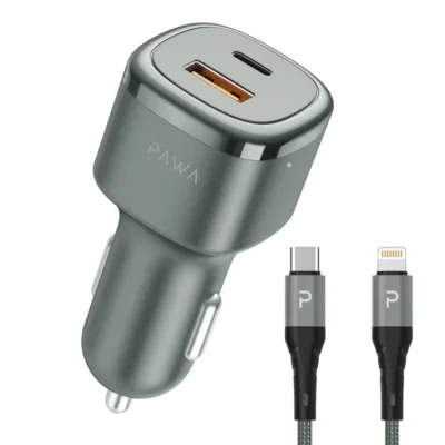 شارژر فندکی دو پورت 50 وات پاوا کابل کنفی Type-C to Lightning مدل SOLID Pawa