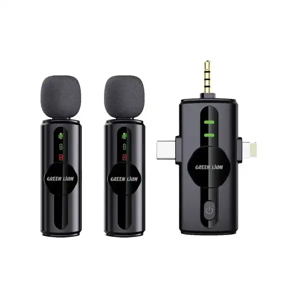 میکروفون یقه‌ای دو فرستنده وایرلس گرین لاین مدل Green Lion GM-80X Microphone 3 in 1