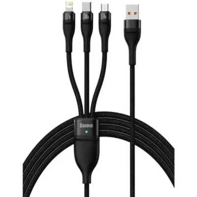 کابل سوپر فست شارژ سه سر یو اس 1.2 متر بیسوس مدل Baseus Flash Series Ⅱ Cable USB to M+L+C 100W CASS030001